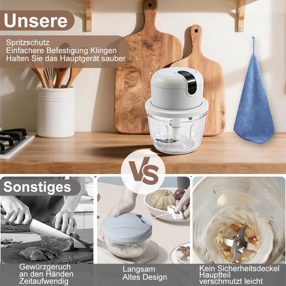 Elektrischer Küchenzerkleinerer, 350ml Zwiebel Zerkleinerer Elektrisch, USB-Aufladung, Kabelloser Ze