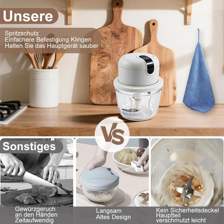 Elektrischer Küchenzerkleinerer, 350ml Zwiebel Zerkleinerer Elektrisch, USB-Aufladung, Kabelloser Ze