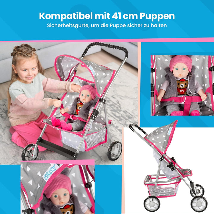 Kinderplay Puppenwagen, Puppen Buggy Kinderwagen, Buggy mit Anschnallgurt und Einkaufsnetz - Babyspi
