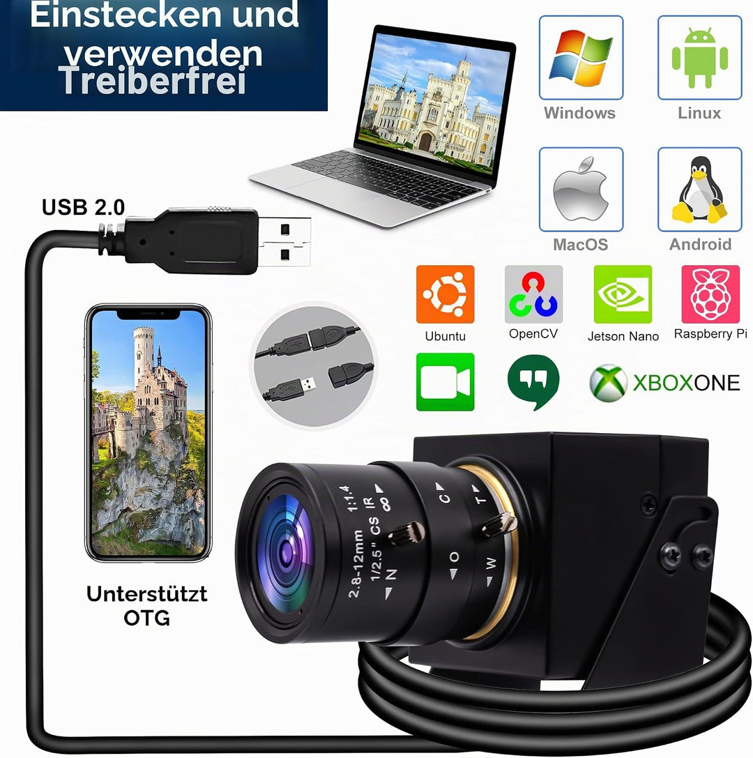Svpro 1080P USB-Kamera mit 2,8–12 mm optischem Zoomobjektiv, IMX323-Sensor, H.264-Low-Light-Kamera,