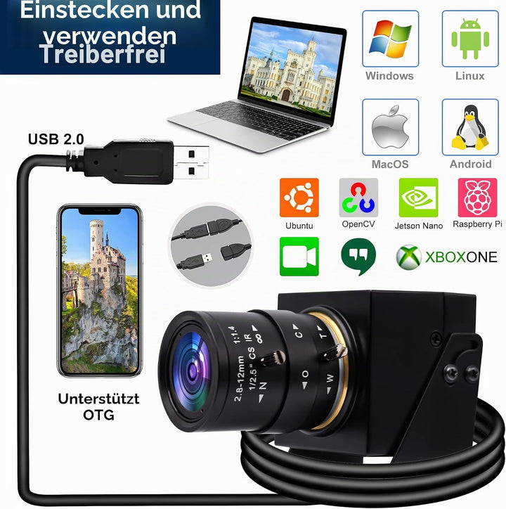 Svpro 1080P USB-Kamera mit 2,8–12 mm optischem Zoomobjektiv, IMX323-Sensor, H.264-Low-Light-Kamera,