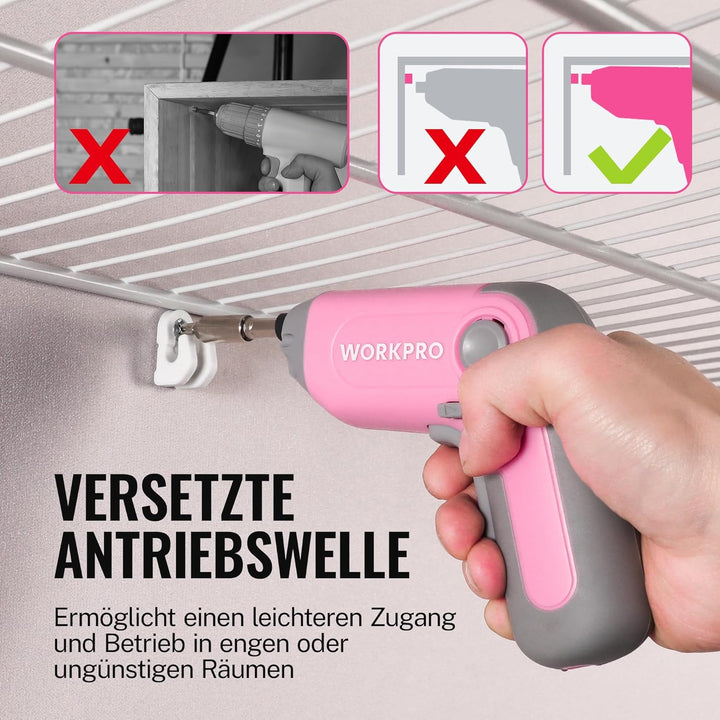 WORKPRO Akkuschrauber Set 3,6V, Exzentrischer Schraubendreher, mit 21 Bits und Verlängerungsstange,