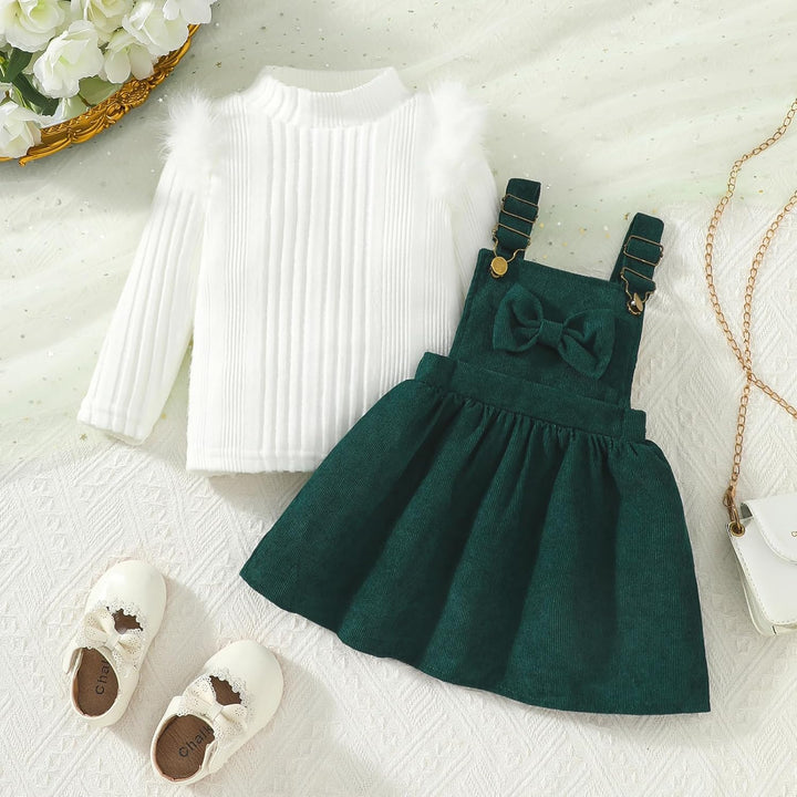 Kleinkind Baby Mädchen Kleidung Langarm Strick Rippenoberteile Schleife Cord Hosenträgerrock Kleid O