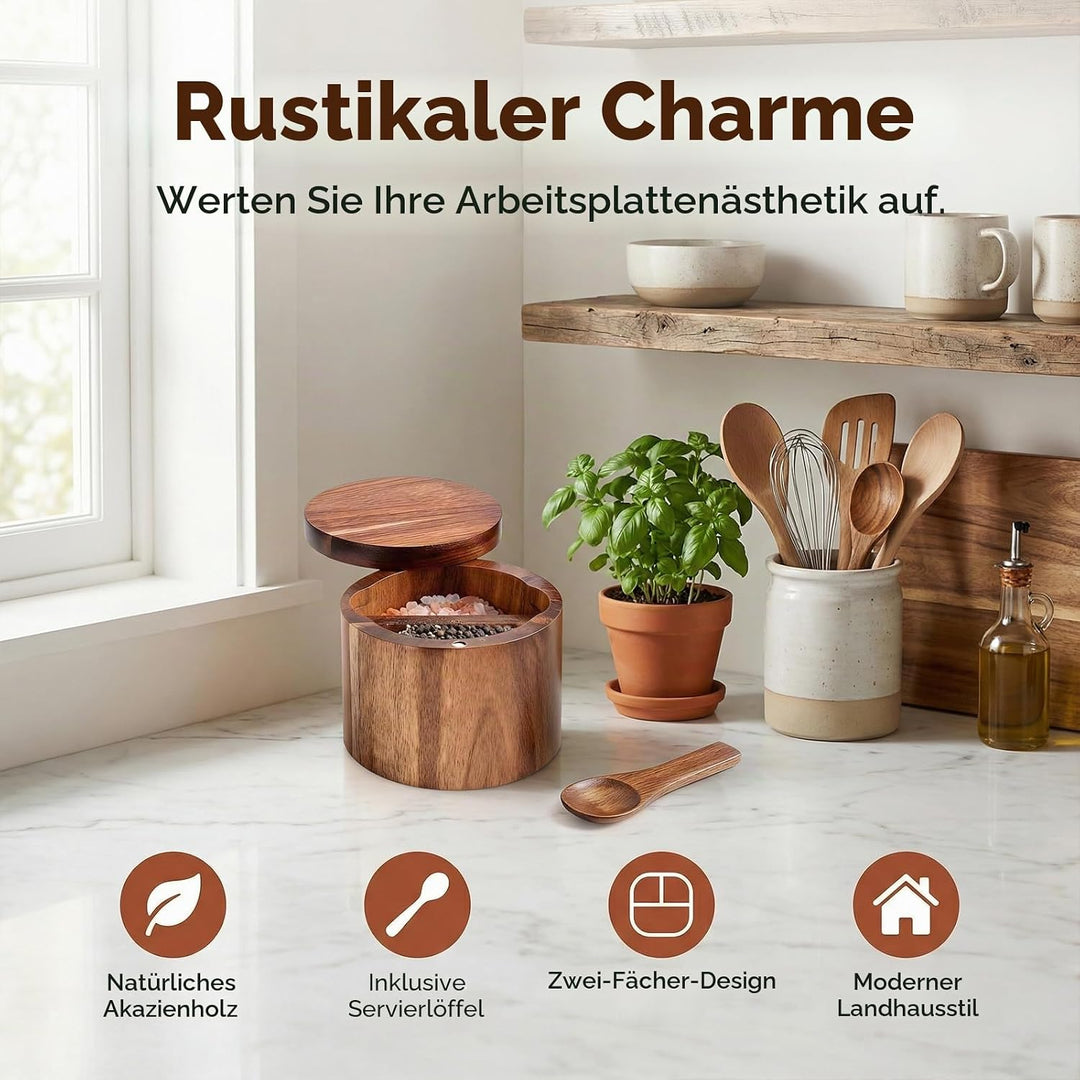 Acacia Holz Salzdose, Salzbehälter mit Deckel Holz, Schwenkdeckel, Salztopf mit Deckel und Löffel, G