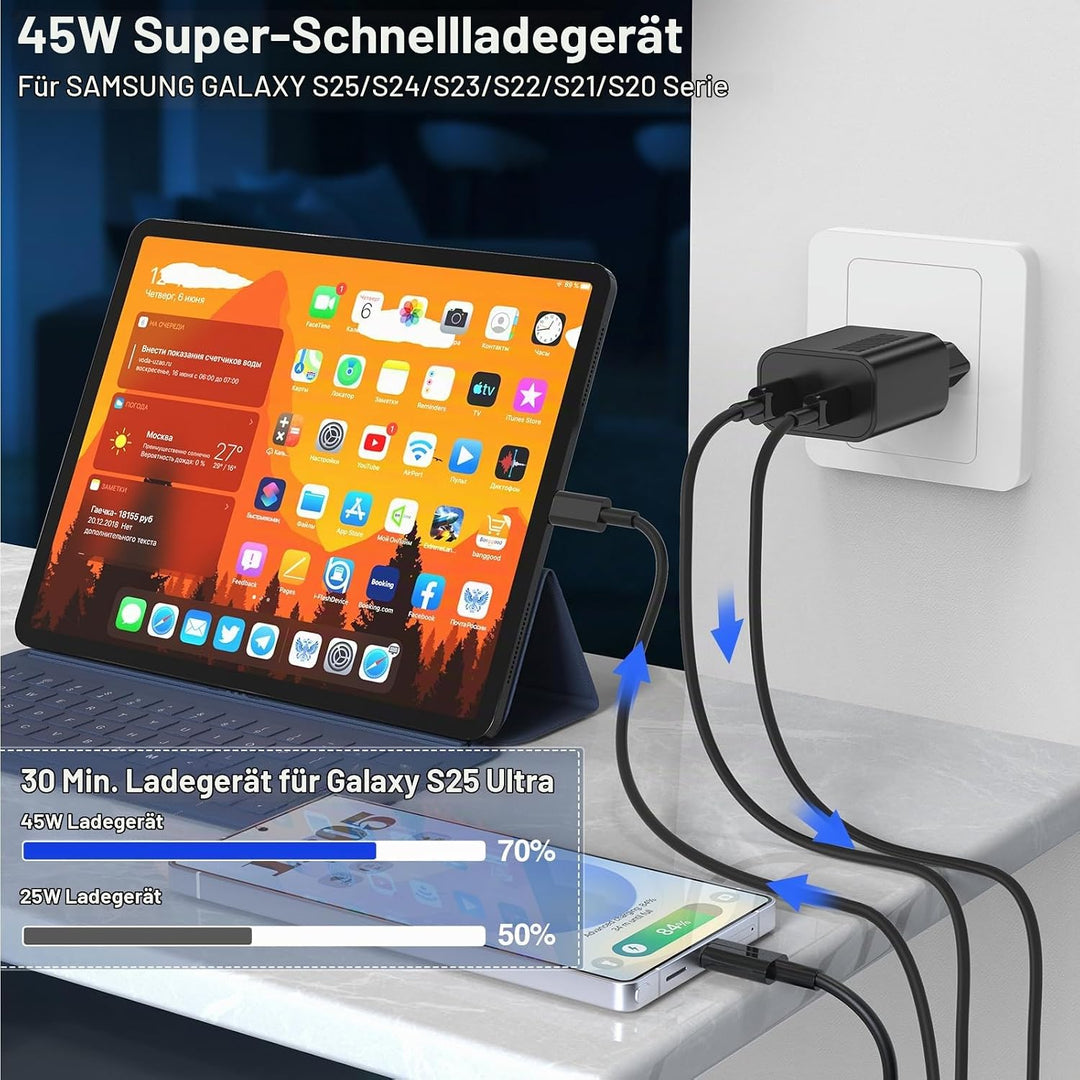 45W USB C Ladegerät, 2-Port GaN PPS PD 3.0 mit 2 x 1M USB C Kabel | Schnellladegerät mit zwei 1M USB