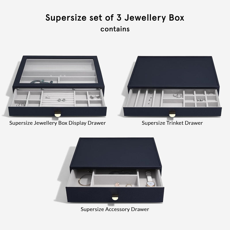 Stackers Navy Pebble Supersize Jewellery Box - Set of 3 (with Drawers), Navy