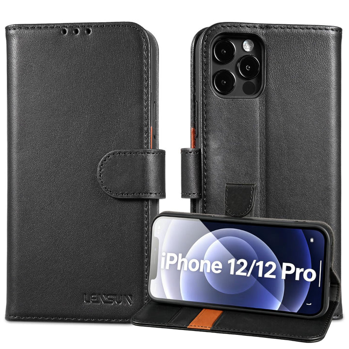 LENSUN Echtleder Hülle für iPhone 12, iPhone 12 Pro Handyhülle [Echtes Leder][Magnetverschluss][RFID
