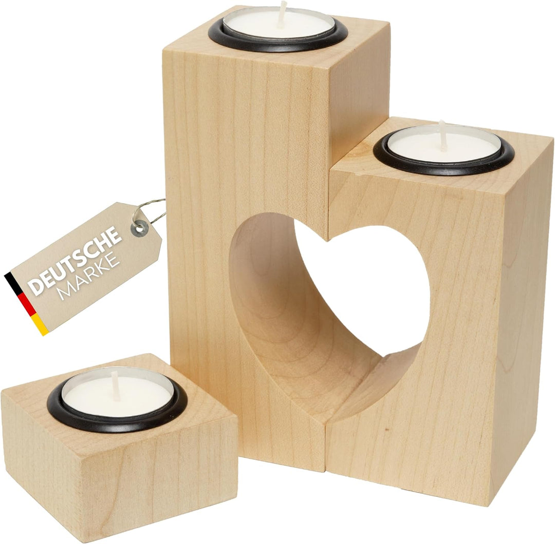 Plogis Herz Teelichthalter aus Holz -Set aus 3 Dekorativen Kerzenständern | Herz Deko & Romantische