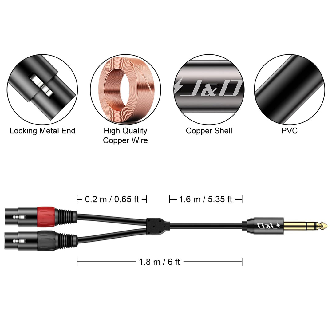 J&D 6,35 mm (1/4 Zoll) TRS Stecker auf Dual XLR Weiblich Y Splitter Kabel, 2 XLR Weiblich zu 6,35mm
