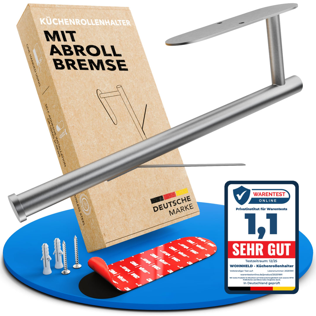 WOHNHELD® Küchenrollenhalter ohne Bohren [Mit Abroll-Bremse] für einhändiges Abreissen - Edelstahl S