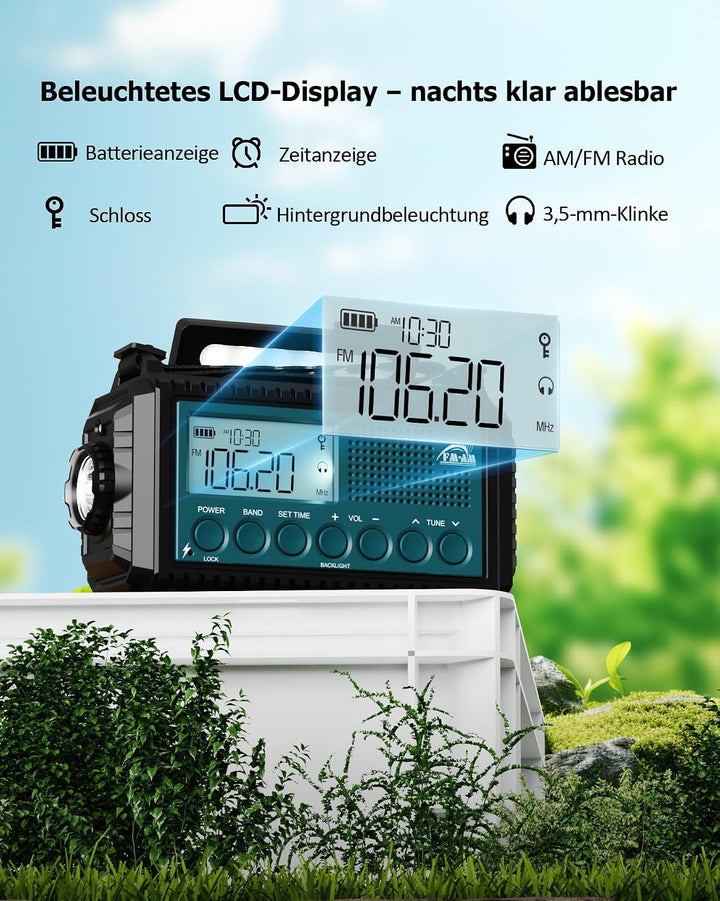 Roxicosly Kurbelradio, Notfallradio mit 12000 mAh Power Bank, AM/FM/SW Baustellenradio, Kurbel &amp; 5-W