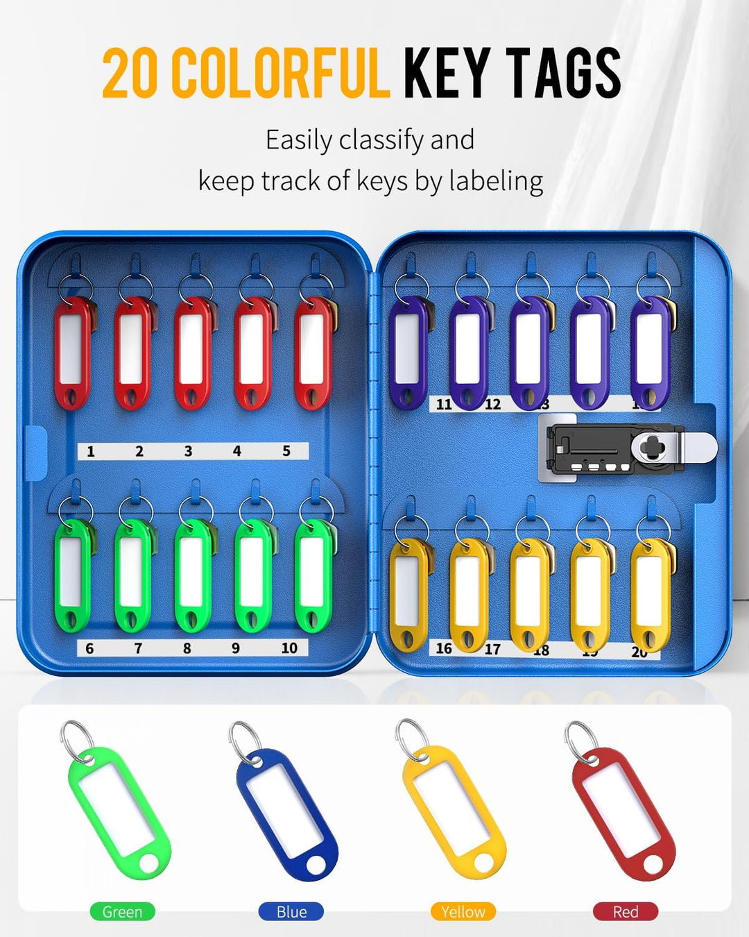 Uniclife 20 Fach Schlüsselbox mit Zahlenschloss und resettbarem Code, Blaue Digitale Sicherheitsbox