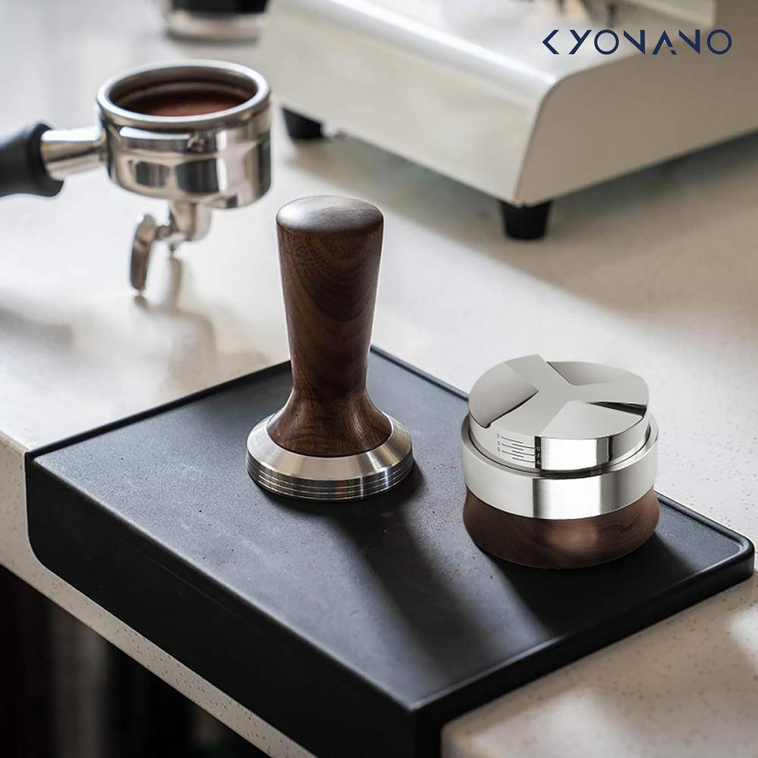 KYONANO Distributor 53.3mm höhenverstellbar, Kaffeepulver-Verteiler aus Premium Edelstahl & Walnussb