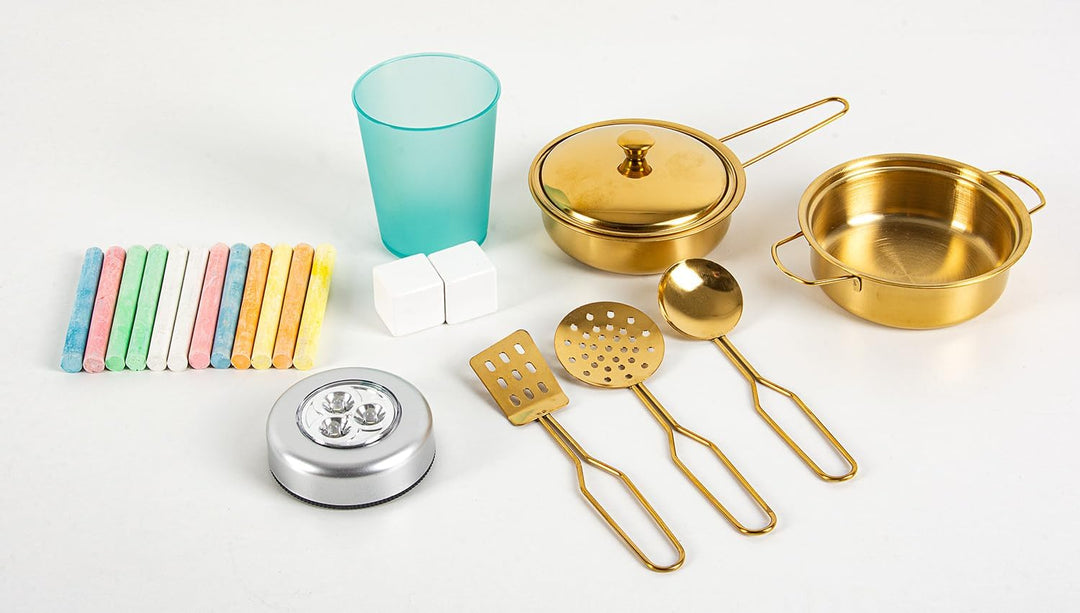 Leomark Kinderküche aus Holz MEMO White Spielküche mit goldenen Accessoires Holzküche für Kinder Spi