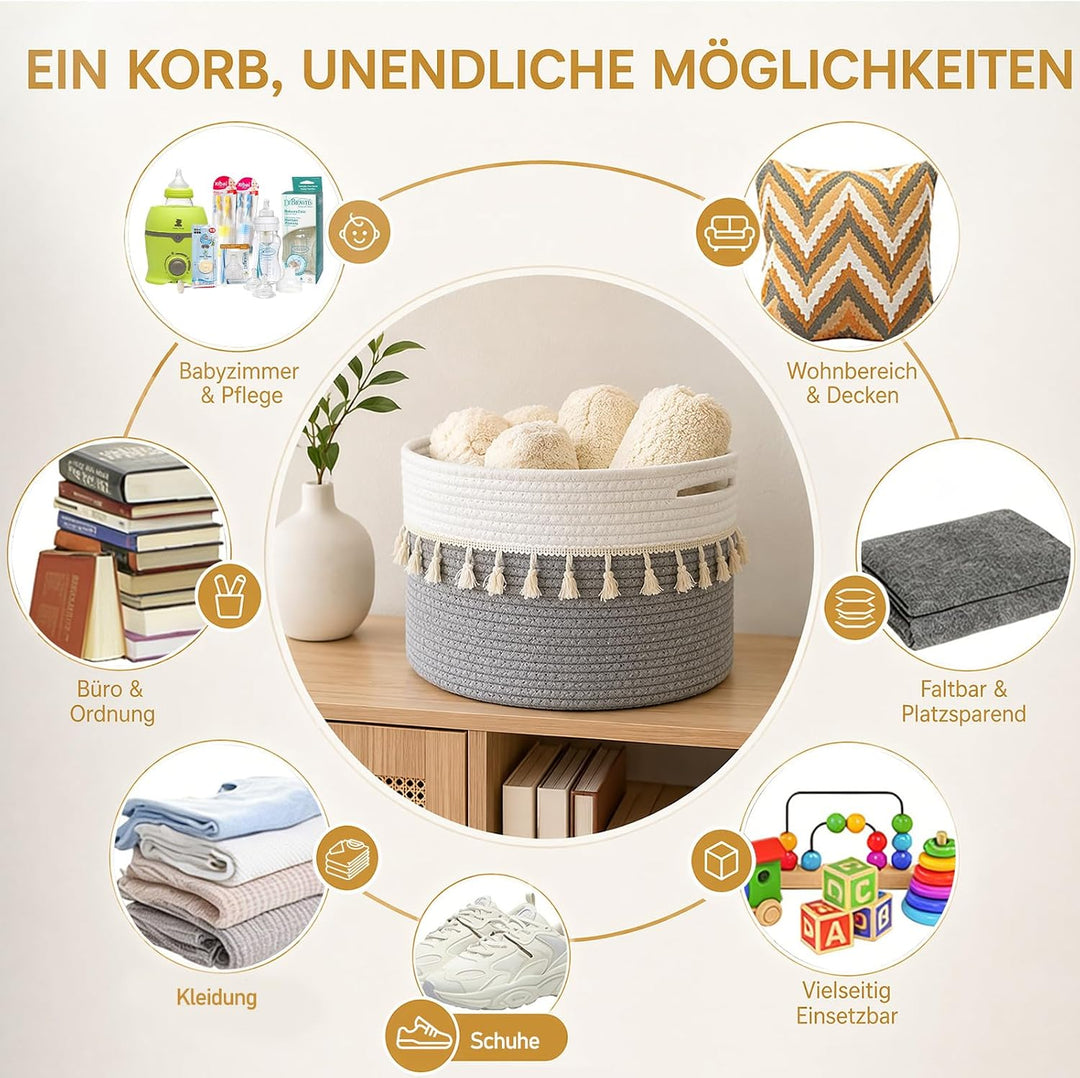 Aufbewahrungskorb Kinderzimmer Wickeltisch Organizer für Babys Kinder Spielzeug Korb, Quasten-Design