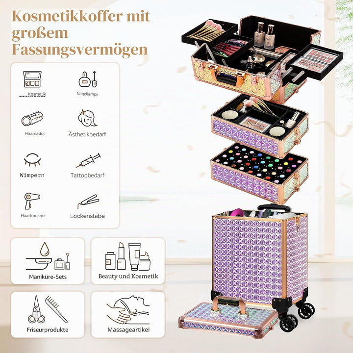 Arous 5-in-1 Profi-Kosmetikkoffer, Aluminium, mit 360° drehbaren Rädern Bunt, Bunt