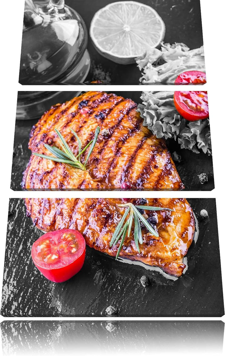 Saftiges Steak mit Tomaten schwarz/weiss 3-Teiler Leinwandbild 120x80 Bild auf Leinwand, XXL riesige