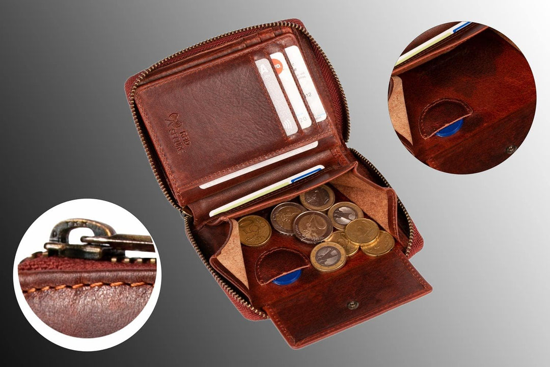MATADOR Leder Damen Herren Geldbörse Portemonnaie TüV geprüfter RFID & NFC Schutz Antik Vintage Brau