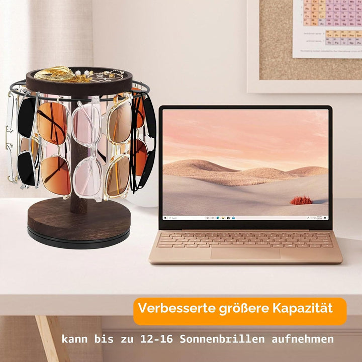 Qivine Brillenständer für Mehrere Brillen, Metallrahmen Brillenhalter Tisch mit Holzsockel, 360° Dre