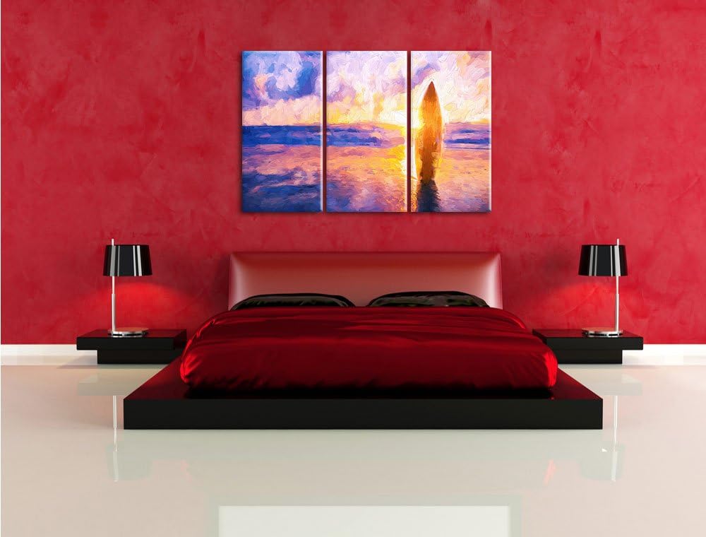 Pixxprint Surfbrett am Strand als Leinwandbild/Grösse: 3 Teilig (120x80 cm) cm/Wandbild/Kunstdruck/f