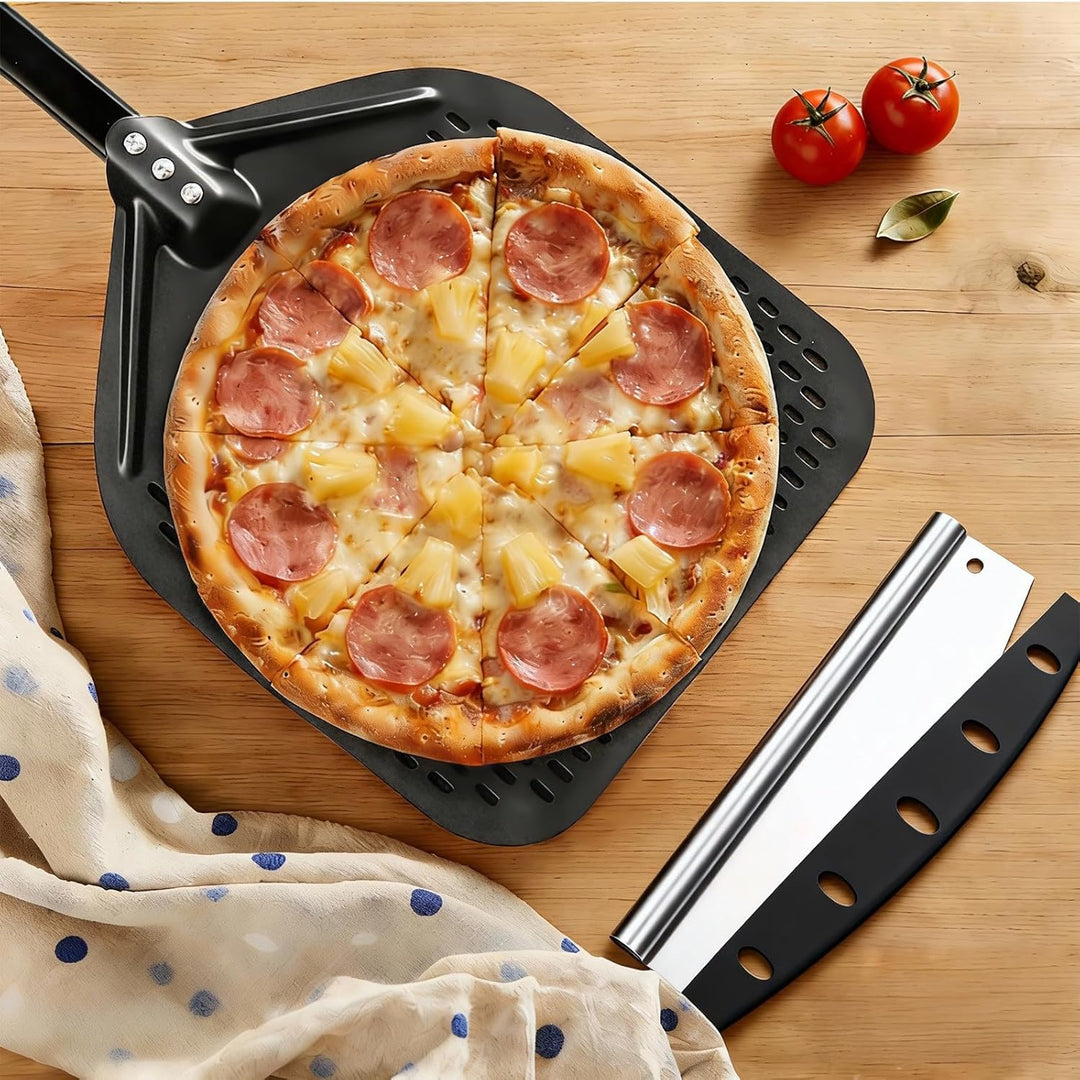 Pizzaschieber Perforiert 40 x 30 cm 12 Zoll mit Pizzamesser, Profi Pizzaschaufel Aluminium Set, 72.5