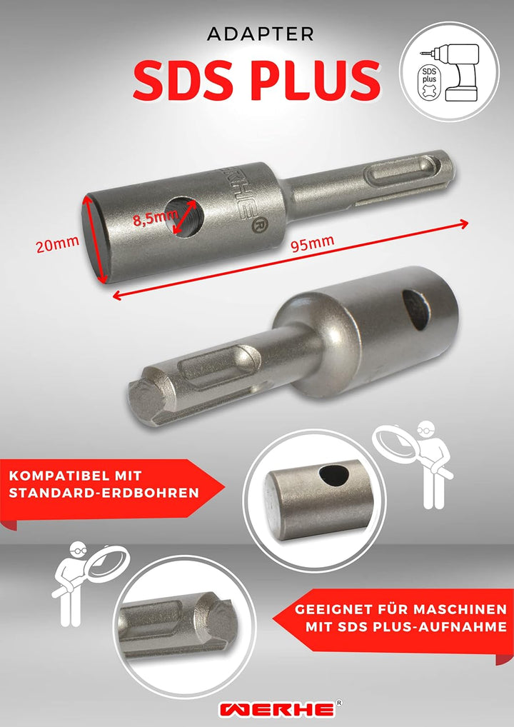 WERHE Profi Erdbohrer Adapter Set passend für SDS Plus Bohrhammer Pfahlbohrer und auch für SDS Max A