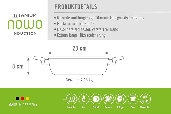 Woll Induktion Nowo Titanium Guss-Kasserolle-Induktiv, Ø 28 cm, 8 cm hoch, 4.5 Liter, mit 2 Seitengr