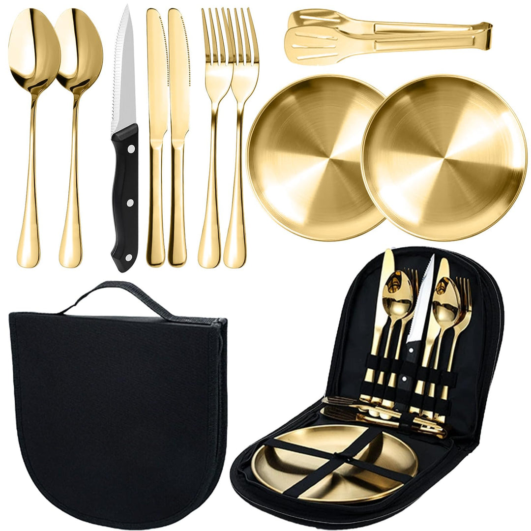 Camping Geschirr Set für 2 Personen, 10 Stück Tragbars Campingbesteck Set aus Edelstahl für Picknick