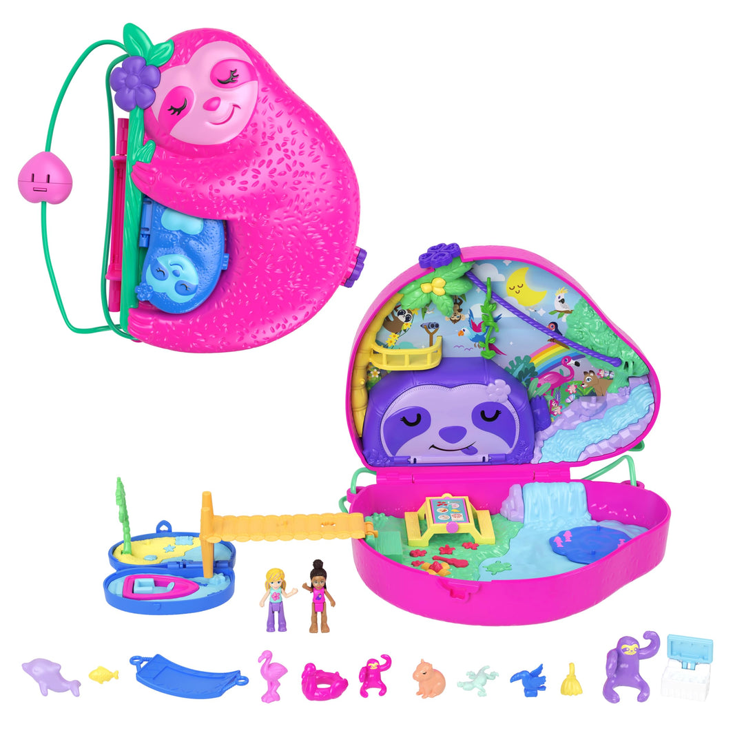 Polly Pocket Faultierfamilie 2-in-1 Taschenschatulle - Tropisches Abenteuer mit 12 Accessoires, Dsch
