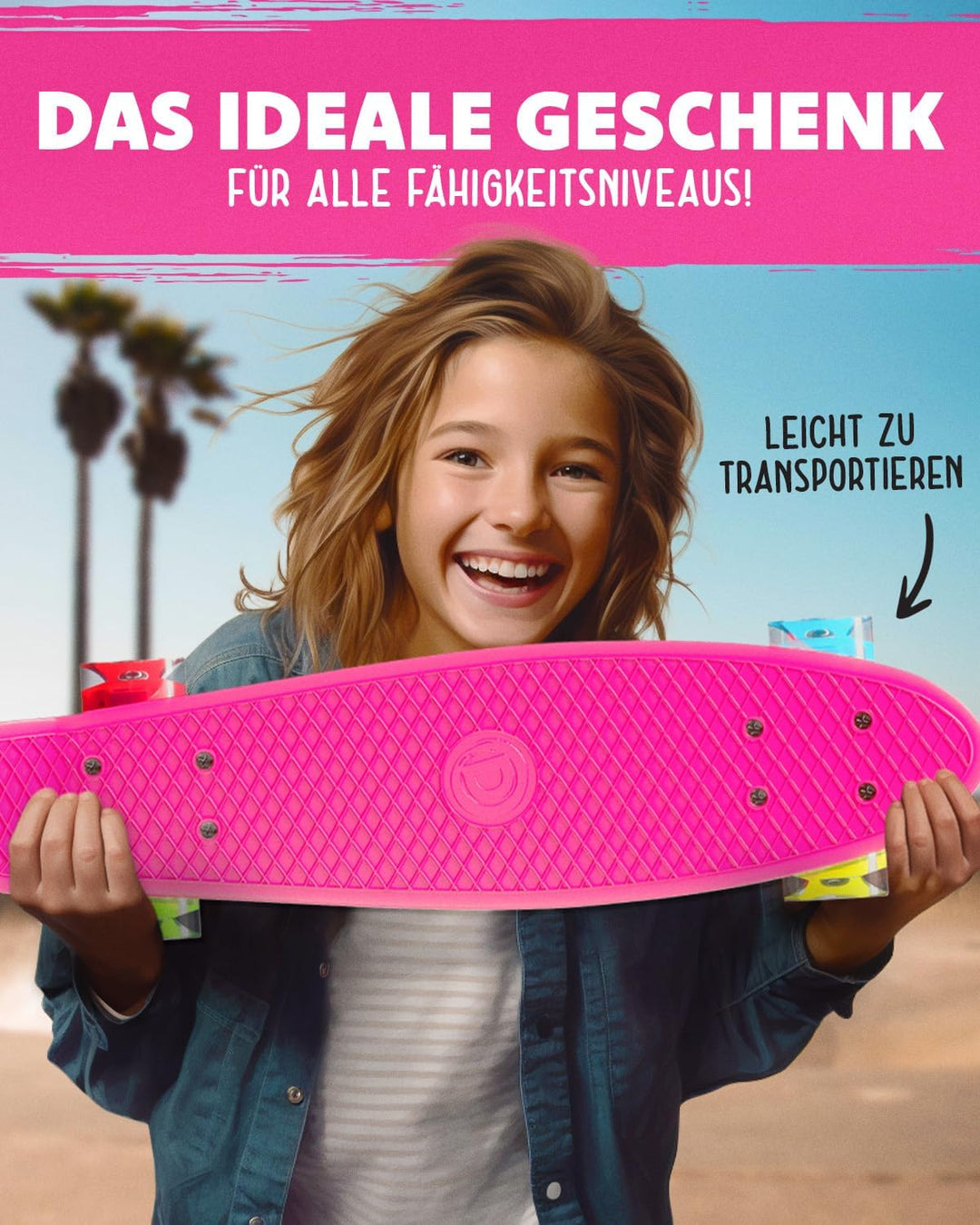 Deleven Skateboard mit LED Rollen, Skate Tool und ABEC 7 Lager - Kinder Erwachsene Anfänger - 56 cm