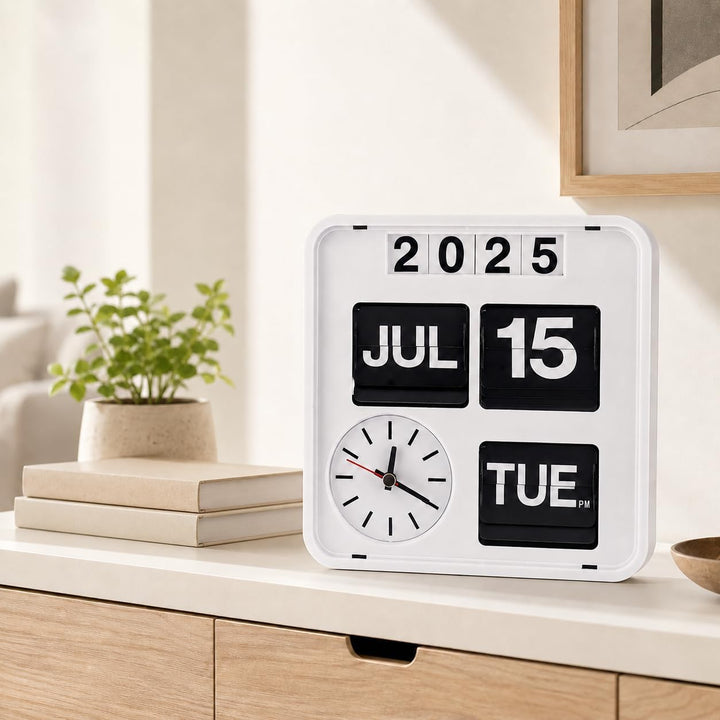 Eurotime 80005-00 Retro Tisch- & Wanduhr mit Voll-Datumsanzeige inkl. Jahr, Quarzuhr im Klappkarten-
