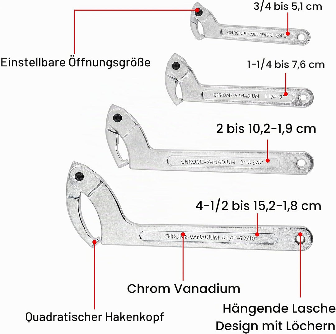 Poweka C Verstellbar Hakenschlüssel 4 Stück Schraubenschlüssel Enthält 3/4-2", 1 1/4-3", 2-4 3/4", 4