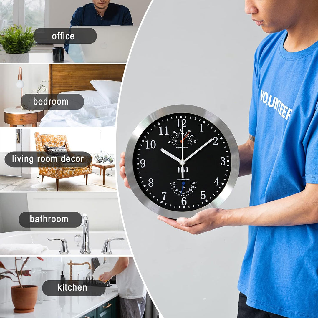 HITO 25,4 cm lautlose Wanduhr, batteriebetrieben, Nicht tickende Glasabdeckung, silberner Aluminiumr