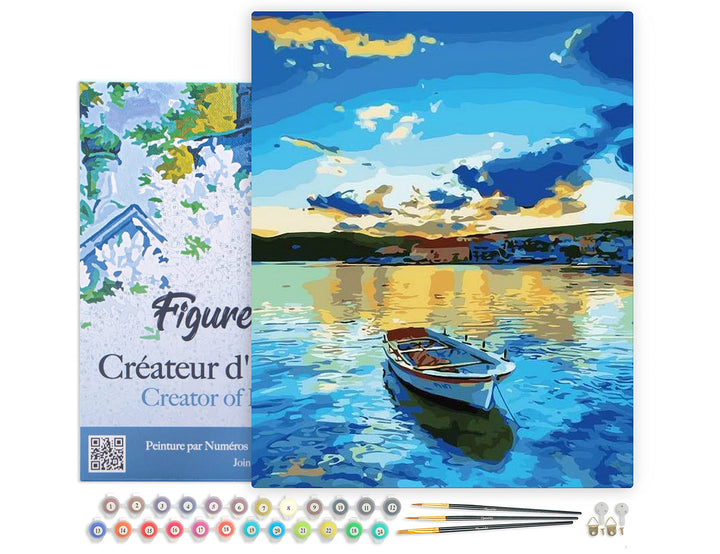 Figured'Art Malen Nach Zahlen Erwachsene Mit Rahmen Boot und Sonnenaufgang - Paint by Numbers Bastel
