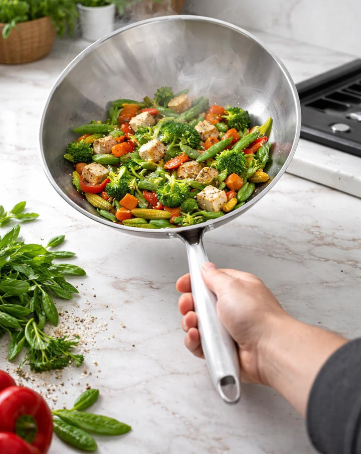 ⌀30 cm Wok Pfanne aus Edelstahl, unbeschichtet & langlebig, 3-lagiges Material für optimale Wärmever