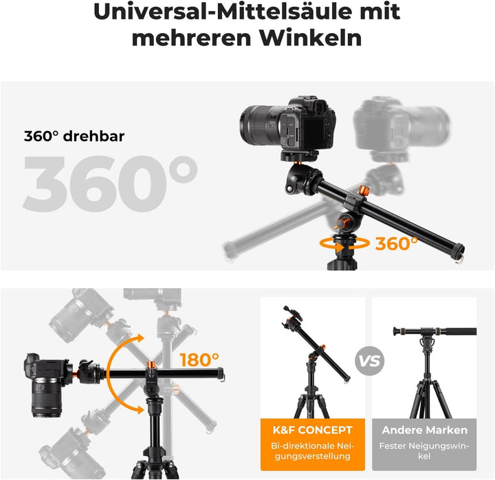 K&F Concept K234A0 Kamera Stativ mit Auslegearm,163cm Handy Stativ, Tripod für unterwegs, Stativ für