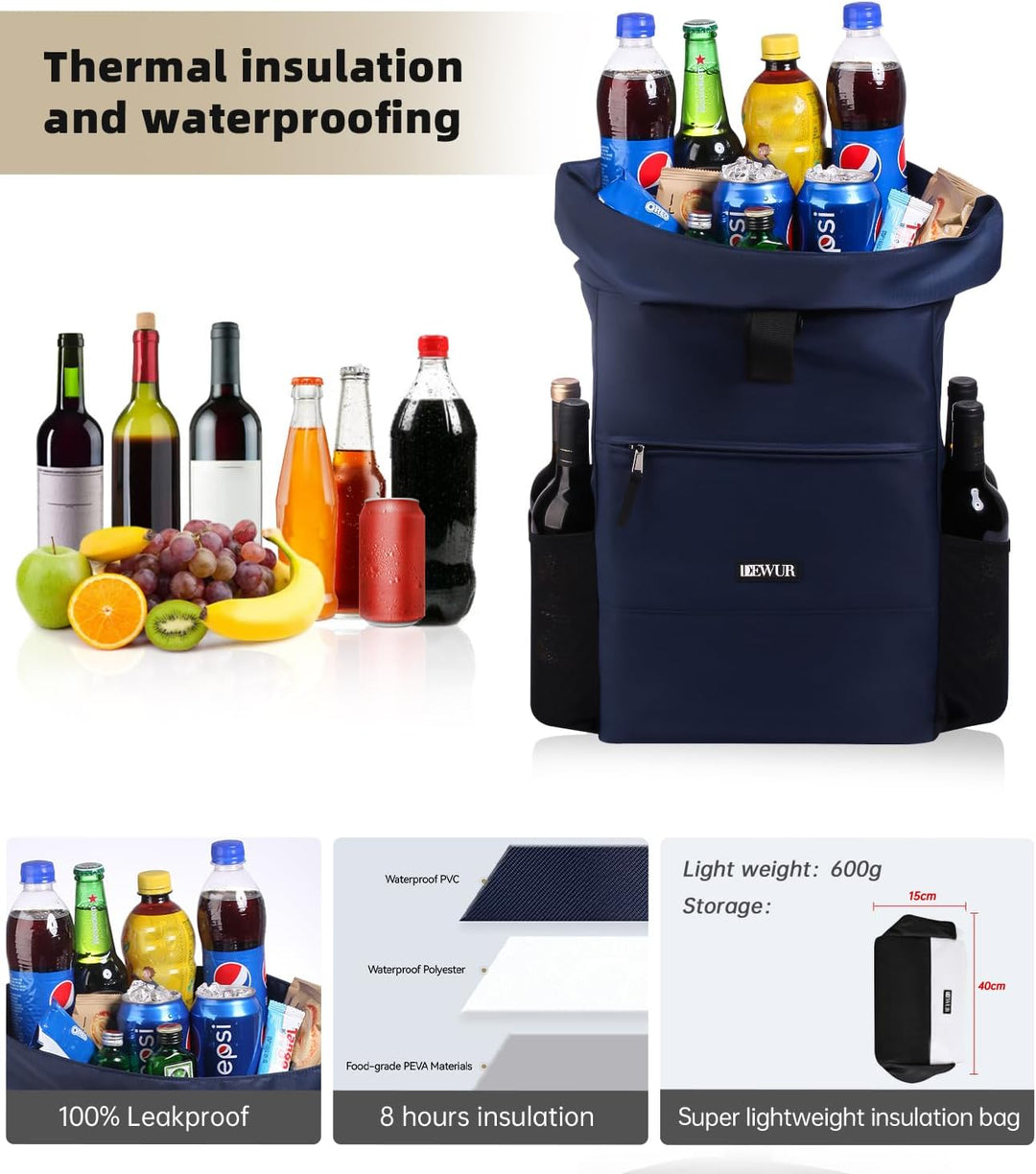 DEWUR 35L Thermo Rücksack Kühlrücksack Kühltasche Wasserdichter Picknickrücksack mit Flaschenöffner