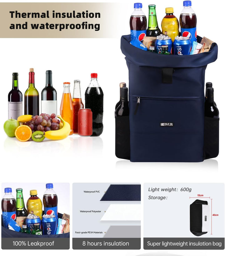 DEWUR 35L Thermo Rücksack Kühlrücksack Kühltasche Wasserdichter Picknickrücksack mit Flaschenöffner