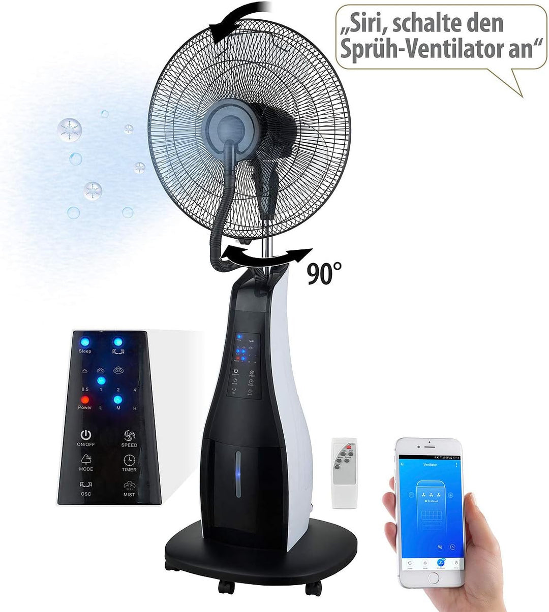 Sichler Haushaltsgeräte Ventilator Wasser: Stand-Sprühnebel-Ventilator mit Oszillation, WLAN, App, T