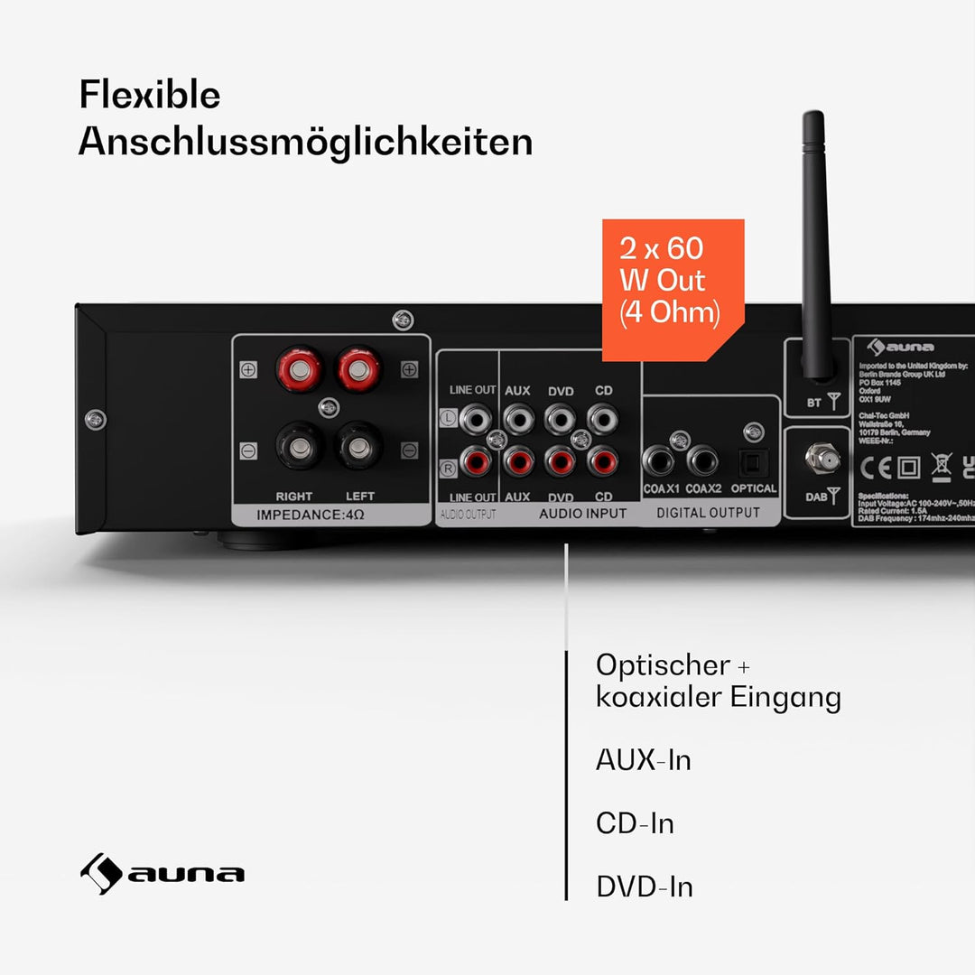 Auna Art22 Verstärker HiFi Stereo Mit Bluetooth & DAB+ Radio – 2x60 W, Optische & Koaxiale Eingänge,