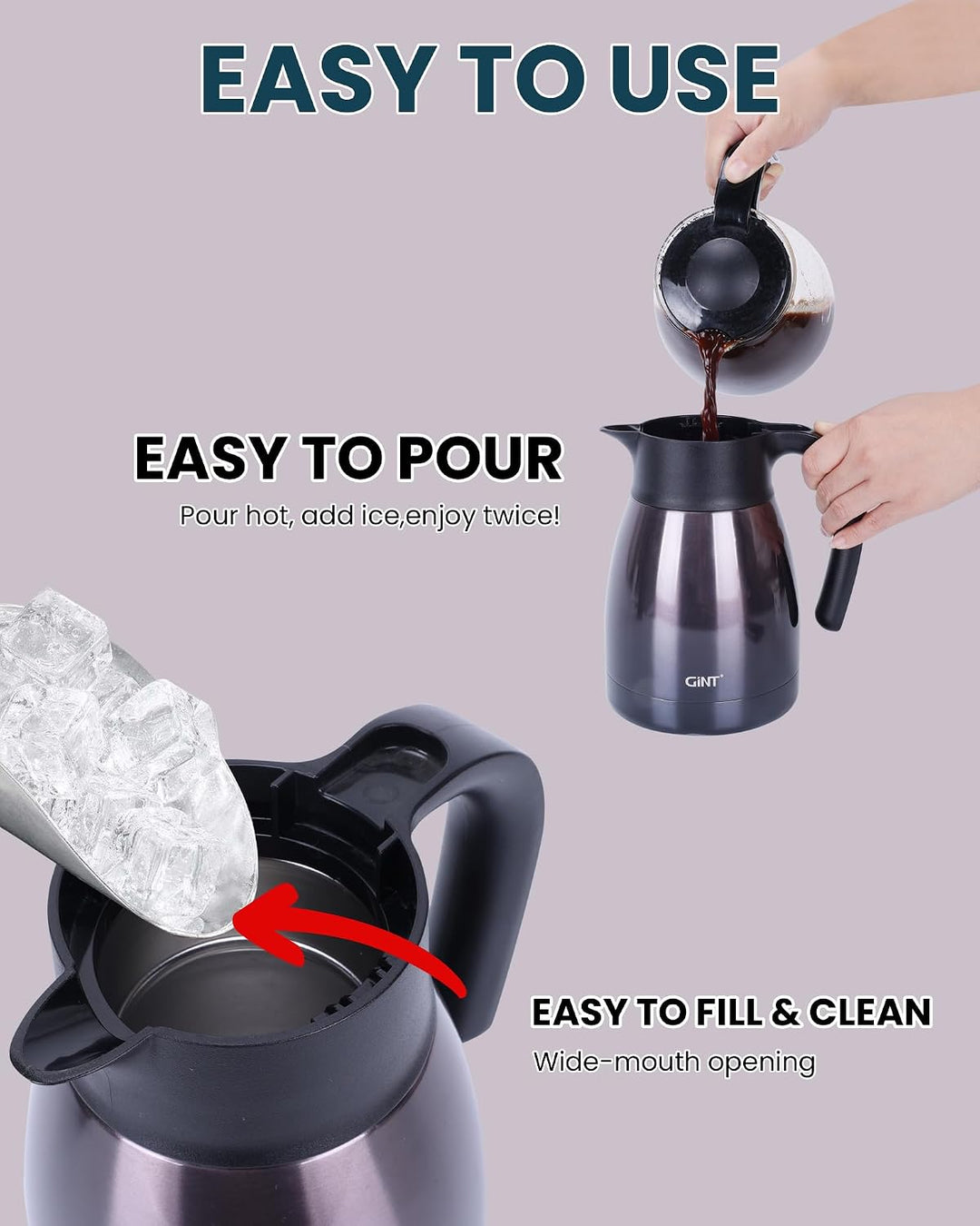 GiNT Isolierkanne Edelstrahl Quick Tip Verschluss Grip Vacuum Doppelwandig Violett 1L…, Violett 1L