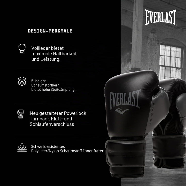 Everlast Unisex – Erwachsene Powerlock 2R Glove Handschuhe Schwarz 16oz, Schwarz 16oz