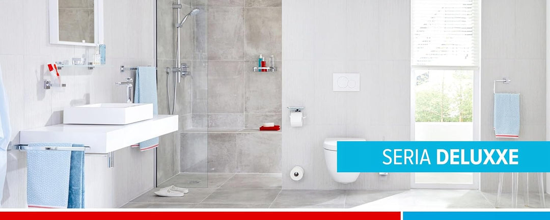 tesa DELUXXE Duschablage, verchromt - Duschkorb zur Wandbefestigung ohne Bohren, inkl. Klebelösung -