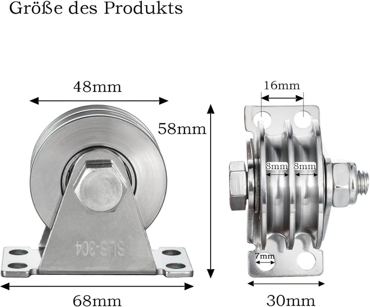 Doppelte Umlenkrolle mit 2 Kugellager, Edelstahl Flaschenzug, Umlenkrollen für 8mm Seile Stahlseil,
