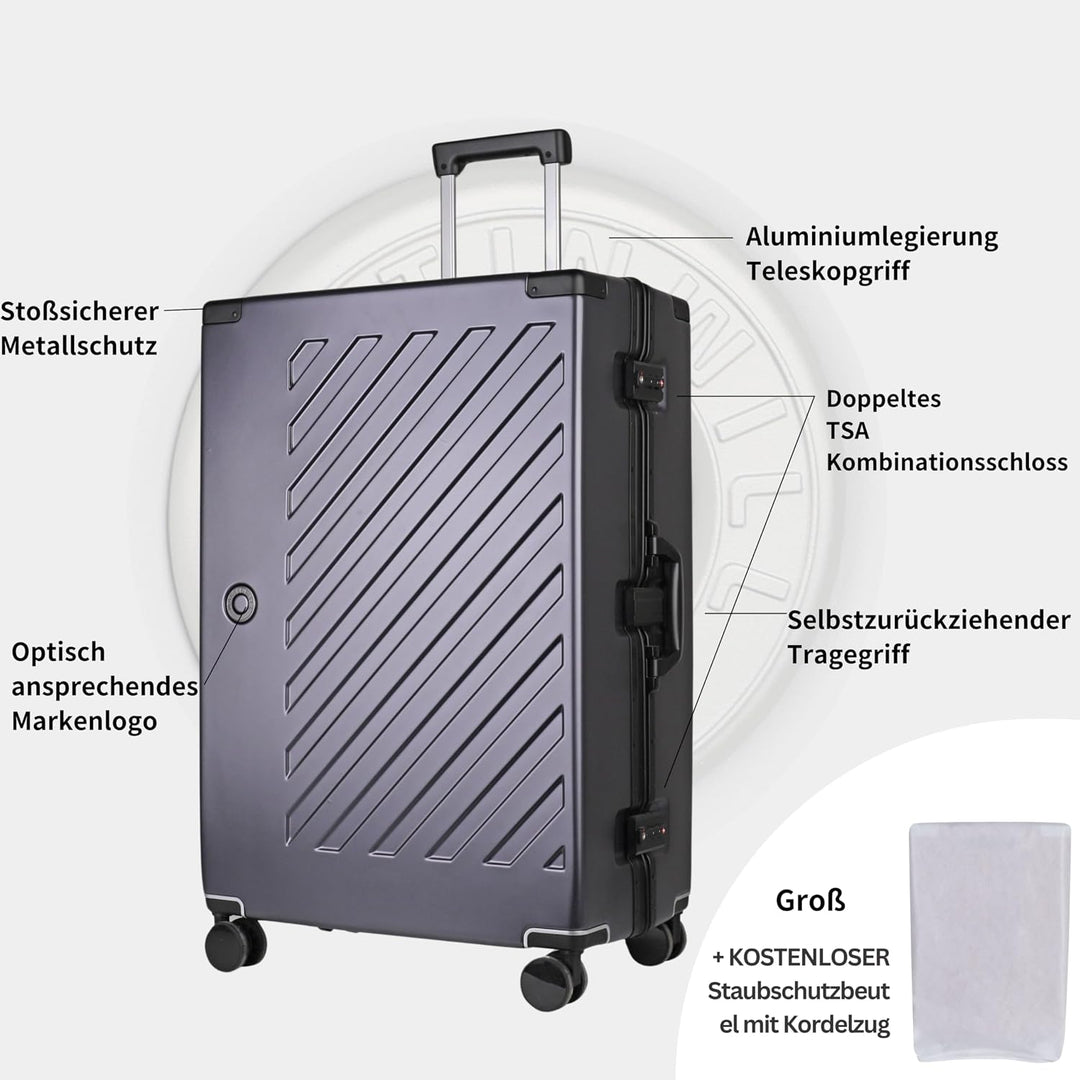JLY Koffer gross 28 Zoll aus Polycarbonat, 4 Doppelrollen, Anthrazit | Ohne Reissverschluss, 2 TSA-S