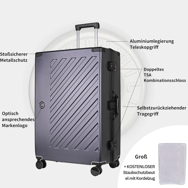 JLY Koffer gross 28 Zoll aus Polycarbonat, 4 Doppelrollen, Anthrazit | Ohne Reissverschluss, 2 TSA-S