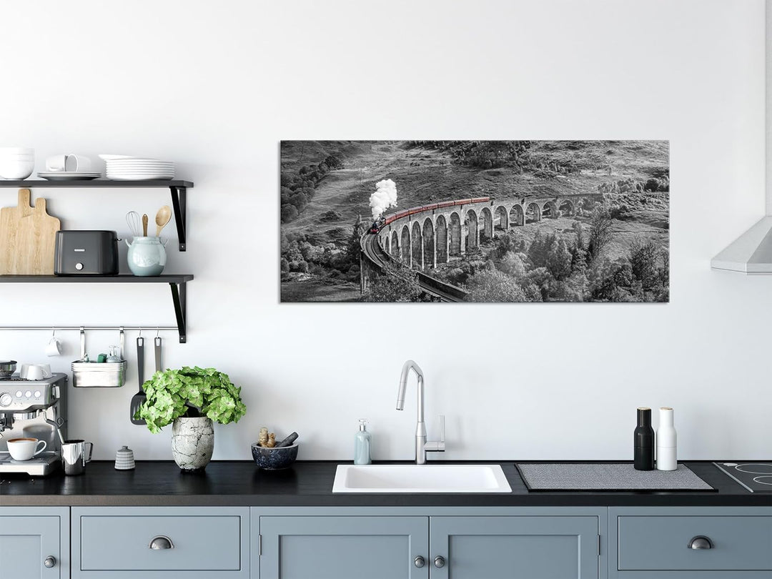 Glasbild Panorama | Wandbild aus Echtglas | Eisenbahnviadukt in Schottland | 100x40 cm | inkl. Aufhä