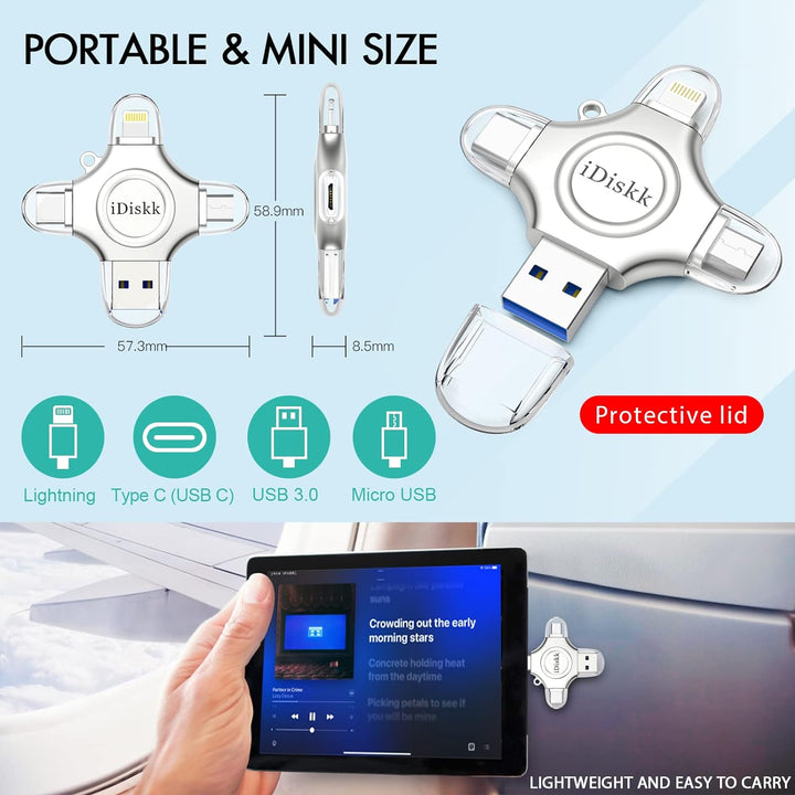 iDiskk 512 GB Foto-Stick für iPhone, 4-in-1 iPhone-Lightning-USB-Stick, Externe iPhone-Speicherstick