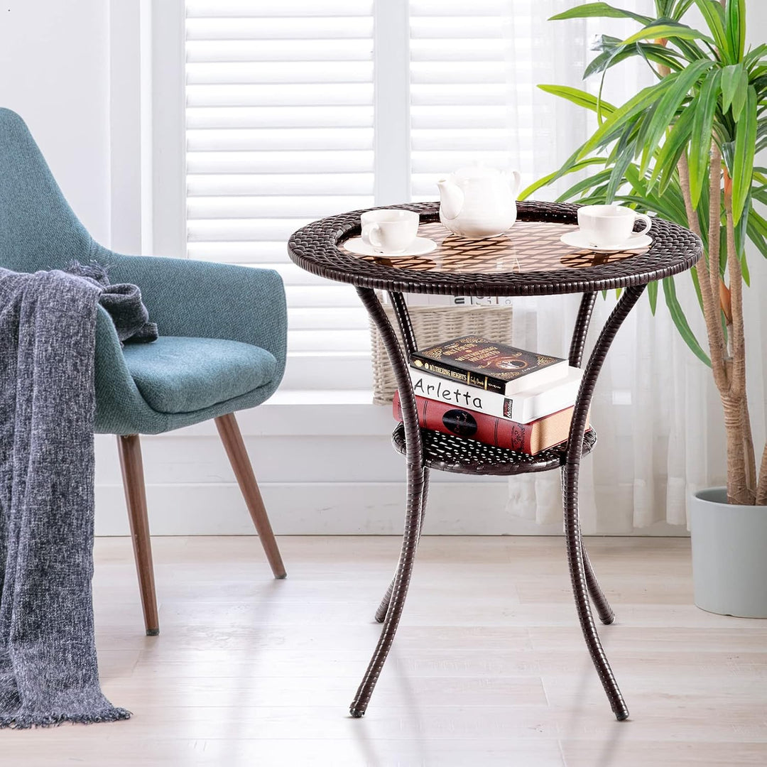 GIANTEX Rattan Bistrotisch Gartentisch, Balkontisch rund Couchtisch 2 Ebenen, Glastisch Terrassentis