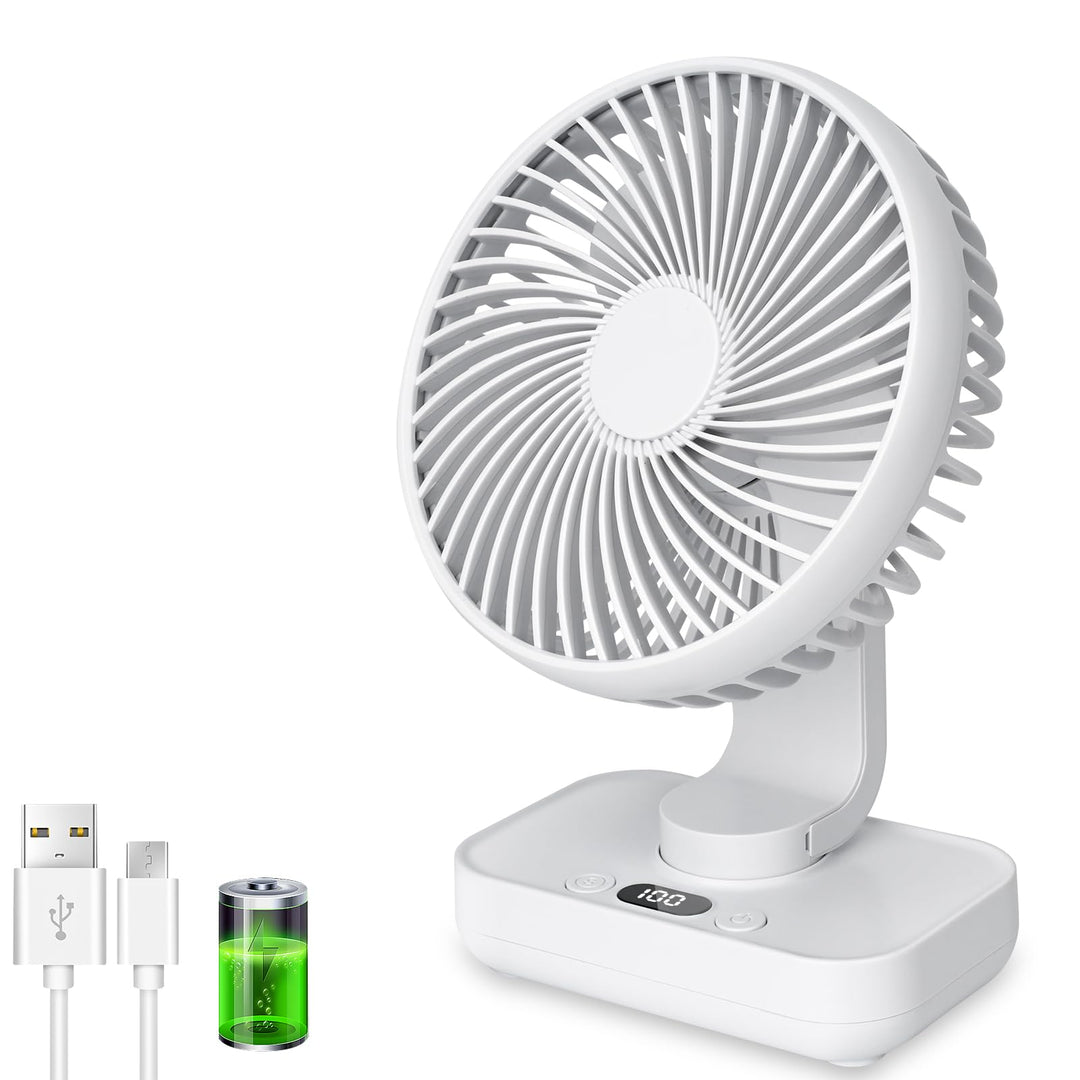Tischventilator Automatisch Oszillierend, Leise 30 dB, Sanfter Luftstrom, 4500mAh Akku, USB-C, LED D